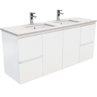 Fienza Fingerpull Satin White 1500 Wall Hung Cabinet, Solid Doors , With Stone Top - Bianco Marble Double Bowl