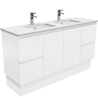 Fienza Fingerpull Satin White 1500 Cabinet on Kickboard, Solid Doors , With Stone Top - Bianco Marble Double Bowl