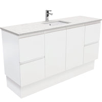 Fienza Fingerpull Satin White 1500 Cabinet on Kickboard, Solid Doors , With Stone Top - Bianco Marble Single Bowl