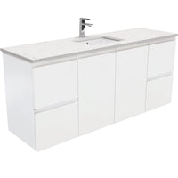 Fienza Fingerpull Satin White 1500 Wall Hung Cabinet, Solid Doors , With Stone Top - Bianco Marble Single Bowl