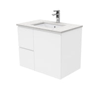 Fienza Fingerpull Gloss White 750 Wall Hung Cabinet, Solid Door , With Stone Top - Bianco Marble Left Hand Drawer