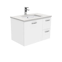 Fienza UniCab Gloss White 750 Wall Hung Cabinet, Solid Door , With Stone Top - Bianco Marble Right Hand Drawer