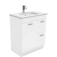 Fienza UniCab Gloss White 750 Cabinet on Kickboard , With Stone Top - Bianco Marble Right Hand Drawer