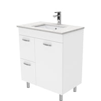 Fienza UniCab 750 Gloss White Cabinet on Legs, Left Hand Drawers, Solid Doors , With Stone Top - Bianco Marble
