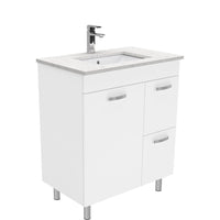 Fienza UniCab 750 Gloss White Cabinet on Legs, Right Hand Drawers, Solid Doors , With Stone Top - Bianco Marble