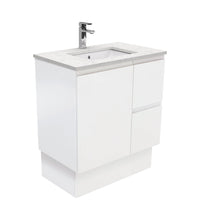 Fienza Fingerpull Satin White 750 Cabinet on Kickboard , With Stone Top - Bianco Marble Right Hand Drawer