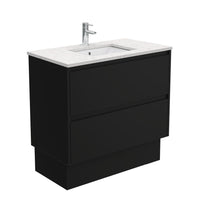 Fienza Amato Satin Black 900 Cabinet on Kickboard, Solid Panels, Bevelled Edge , With Stone Top - Bianco Marble Satin Black Panels