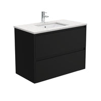 Fienza Amato Satin Black 900 Wall Hung Cabinet, 2 Solid Drawers, Bevelled Edge , With Stone Top - Bianco Marble Satin Black Panels