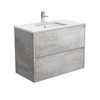 Fienza Amato Industrial 900 Wall Hung Cabinet, 2 Solid Drawers, Bevelled Edge , With Stone Top - Bianco Marble Industrial Panels