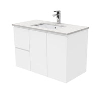 Fienza Fingerpull Gloss White 900 Wall Hung Cabinet, 2 Solid Drawers, Bevelled Edge , With Stone Top - Bianco Marble Left Hand Drawer