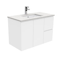 Fienza Fingerpull Gloss White 900 Wall Hung Cabinet, 2 Solid Drawers, Bevelled Edge , With Stone Top - Bianco Marble Right Hand Drawer