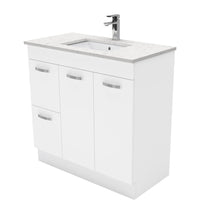 Fienza UniCab Gloss White 900 Cabinet on Kickboard, Solid Doors , With Stone Top - Bianco Marble Left Hand Drawer