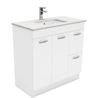 Fienza UniCab Gloss White 900 Cabinet on Kickboard, Solid Doors , With Stone Top - Bianco Marble Right Hand Drawer