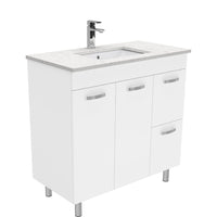 Fienza UniCab 900 Gloss White Cabinet on Legs, Right Hand Drawers, Solid Doors , With Stone Top - Bianco Marble