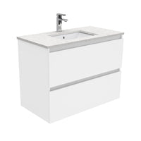 Fienza Quest Gloss White 900 Wall Hung Cabinet, 2 Solid Drawers , With Stone Top - Bianco Marble
