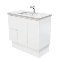 Fienza Fingerpull Satin White 900 Cabinet on Kickboard, Solid Doors , With Stone Top - Bianco Marble Left Hand Drawer