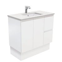 Fienza Fingerpull Satin White 900 Cabinet on Kickboard, Solid Doors , With Stone Top - Bianco Marble Right Hand Drawer