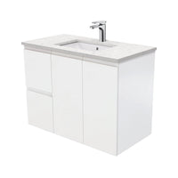 Fienza Fingerpull Satin White 900 Wall Hung Cabinet, Solid Doors , With Stone Top - Bianco Marble Left Hand Drawer