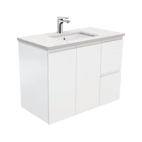 Fienza Fingerpull Satin White 900 Wall Hung Cabinet, Solid Doors , With Stone Top - Bianco Marble Right Hand Drawer