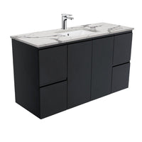 Fienza Fingerpull Satin Black 1200 Wall Hung Cabinet, Solid Doors , With Stone Top - Calacatta Marble