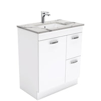 Fienza UniCab Gloss White 750 Cabinet on Kickboard , With Stone Top - Calacatta Marble Right Hand Drawer