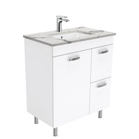Fienza UniCab 750 Gloss White Cabinet on Legs, Right Hand Drawers, Solid Doors , With Stone Top - Calacatta Marble
