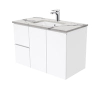 Fienza Fingerpull Gloss White 900 Wall Hung Cabinet, 2 Solid Drawers, Bevelled Edge , With Stone Top - Calacatta Marble Left Hand Drawer