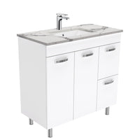 Fienza UniCab 900 Gloss White Cabinet on Legs, Right Hand Drawers, Solid Doors , With Stone Top - Calacatta Marble