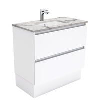 Fienza Quest Gloss White 900 Cabinet on Kickboard, 2 Drawers , With Stone Top - Calacatta Marble