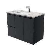 Fienza Fingerpull Satin Black 900 Wall Hung Cabinet, Solid Doors , With Stone Top - Calacatta Marble Left Hand Drawer