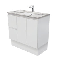 Fienza Fingerpull Satin White 900 Cabinet on Kickboard, Solid Doors , With Stone Top - Calacatta Marble Left Hand Drawer