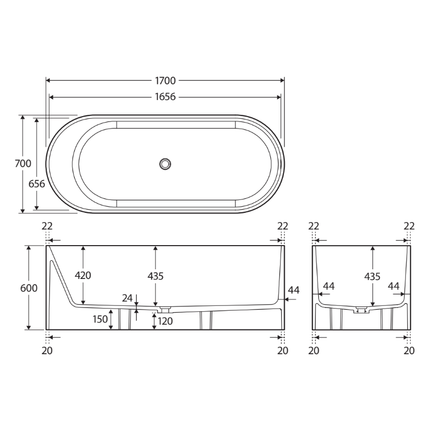 Fienza Encanto 1700 Freestanding Resin Stone Bathtub, Matte White, Oval ,