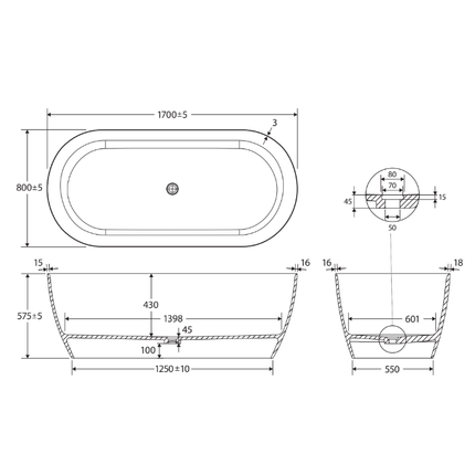 Fienza Kaya 1700 Lightweight Resin Stone Bathtub, Matte White ,