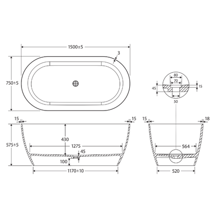 Fienza Kaya 1500 Lightweight Resin Stone Bathtub, Matte White ,
