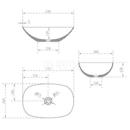 Rolo Matte White Above Counter Basin, Single Bowl, Soft Rectangle, 540X360X150 ,