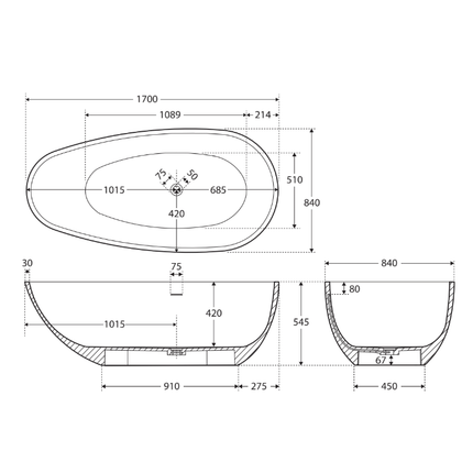 Fienza Bahama 1700 Freestanding Solid Surface Bathtub, Matte Black ,