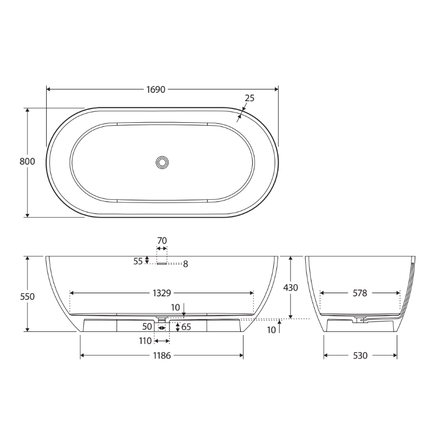 Fienza Luciana 1690 Freestanding Solid Surface Bathtub, Matte Black ,