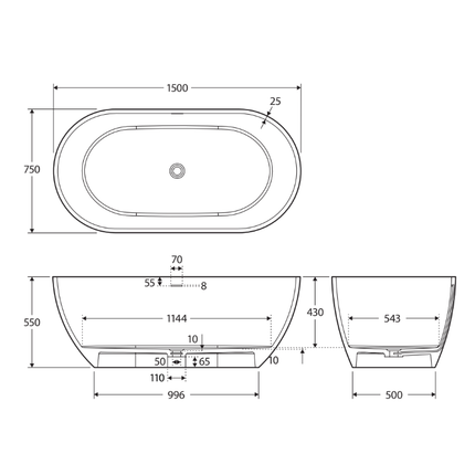 Fienza Luciana 1500 Freestanding Solid Surface Bathtub, Matte Black ,