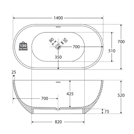 Fienza Nero Freestanding Solid Surface Bathtub, Matte White ,
