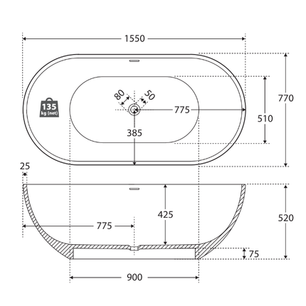 Fienza Nero Freestanding Solid Surface Bathtub, Matte White ,