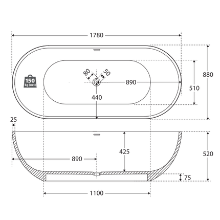 Fienza Nero Freestanding Solid Surface Bathtub, Matte White ,