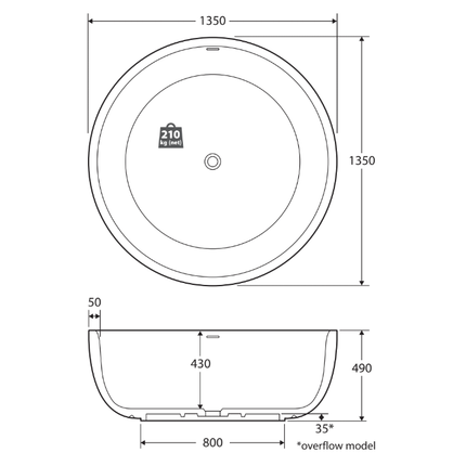 Fienza Shinto 1350 Freestanding Solid Surface Bathtub, Matte White ,