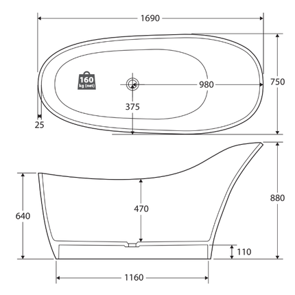 Fienza La Vida 1690 Freestanding Solid Surface Bathtub, Matte White ,