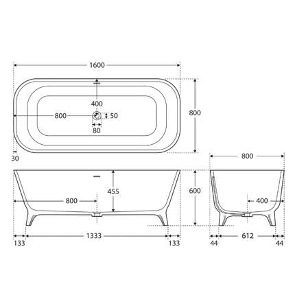 Fienza Hampton 1600 Freestanding Solid Surface Bathtub, Matte White ,