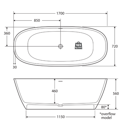 Fienza Marissa 1700 Freestanding Solid Surface Bathtub, Matte White ,