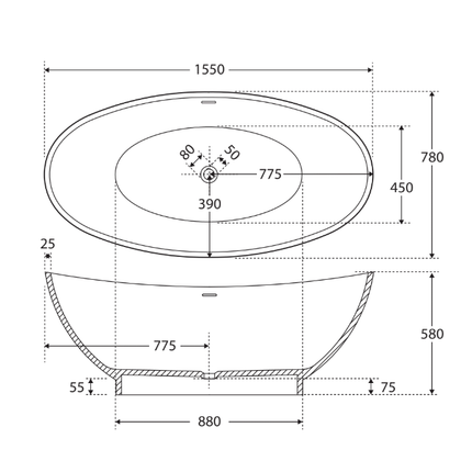 Fienza Antonia 1550 Freestanding Solid Surface Bathtub, Matte White ,