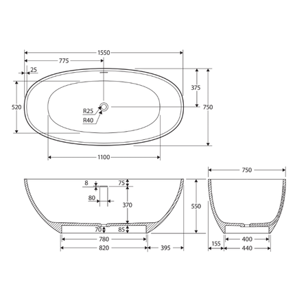Fienza Sasso 1550 Freestanding Solid Surface Bathtub, Matte White ,