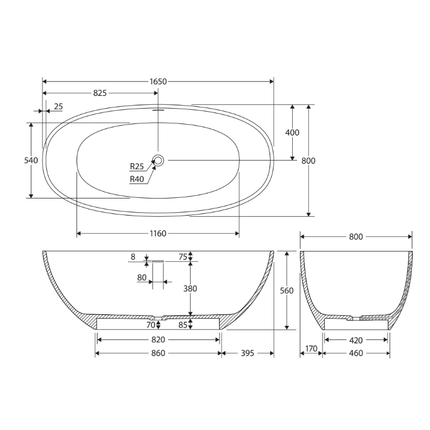 Fienza Sasso 1650 Freestanding Solid Surface Bathtub, Matte White ,