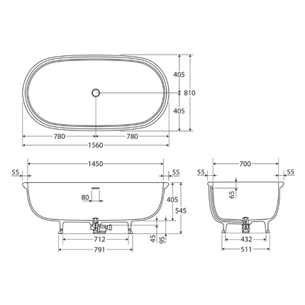 Fienza Rak Washington 1560 Vintage Freestanding Solid Surface Bathtub Matte White ,