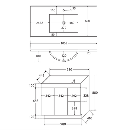 Fienza Dolce UniCab Gloss White 1000 Vanity on Kickboard, 1 Tap Hole ,